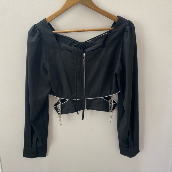 New Black Grunge Punk LongSleeve Cropped Blouse With Chain And Zipper Size Small - Picture 2 of 3